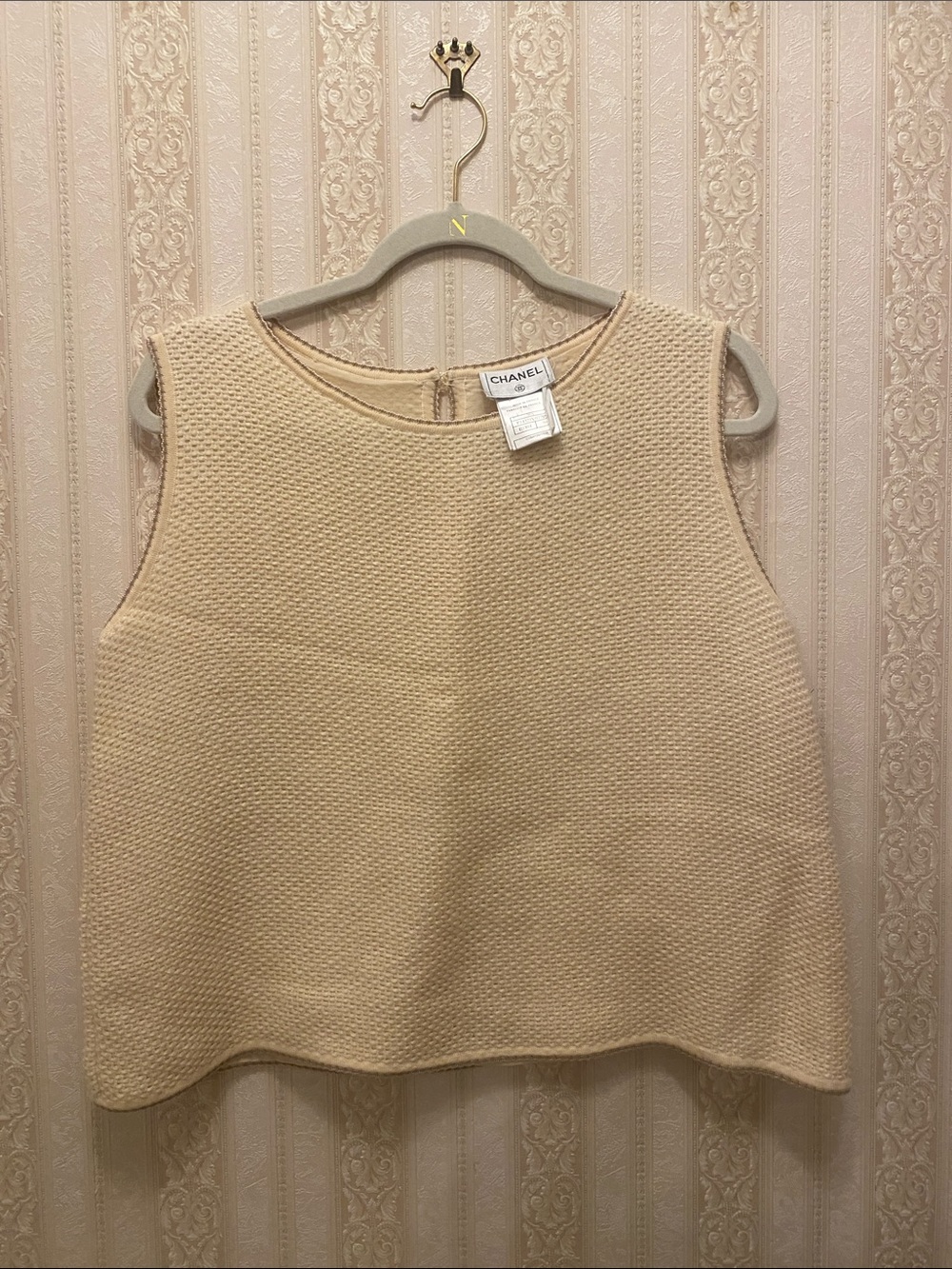 CHANEL Cream Woven Knit Sleeveless Shell Top